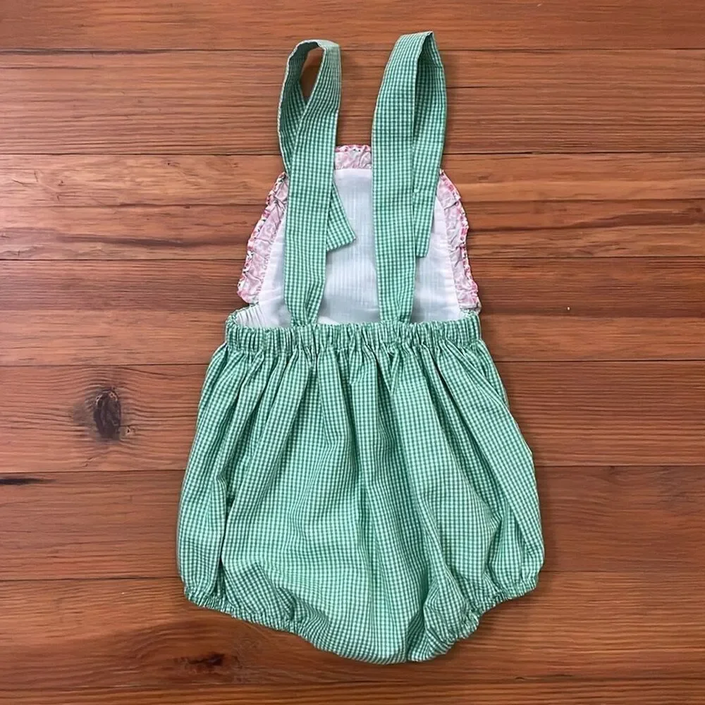 Baby Sen by Remember Nguyen Green Gingham Romper Size 18M Floral Ruffles